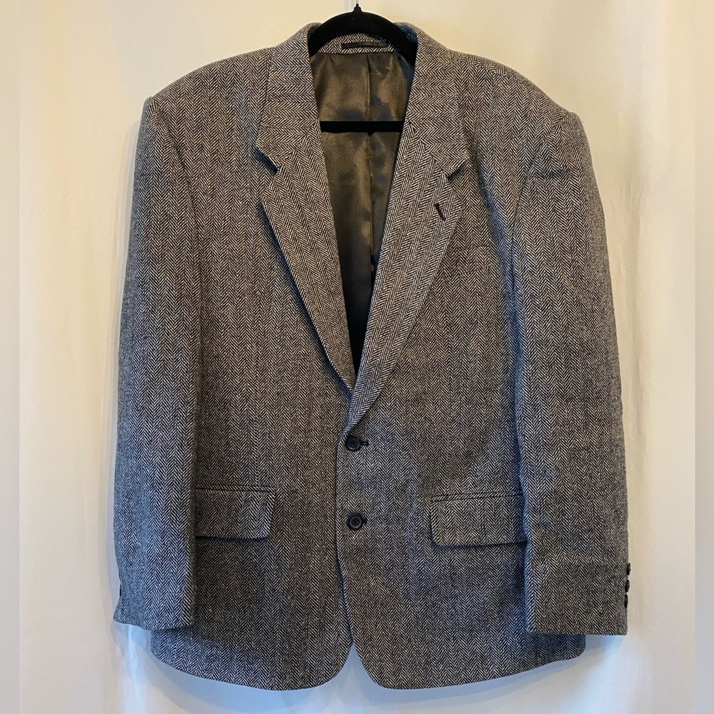 Men's Vintage Dark Academia Wool Tweed Herringbone Single Breasted Blazer 42S